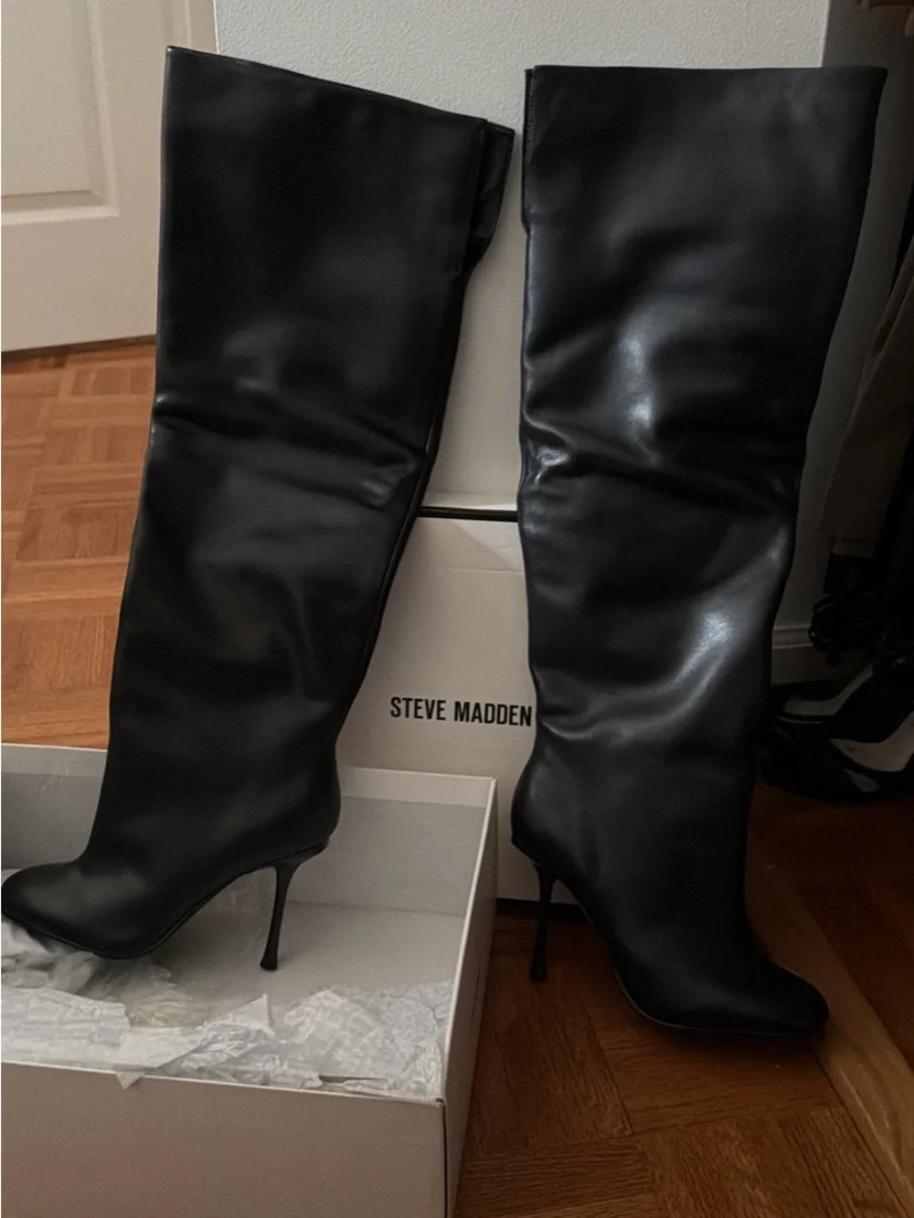 Steve Madden Alluring Black Leather Over-the-Knee Stiletto Boots